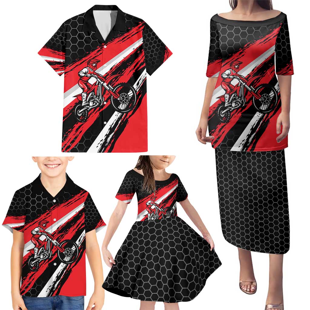 Custom Dirt Bike Family Matching Puletasi and Hawaiian Shirt Motocross Rider Red Black Hex Pattern and Racing Number - Wonder Print Shop