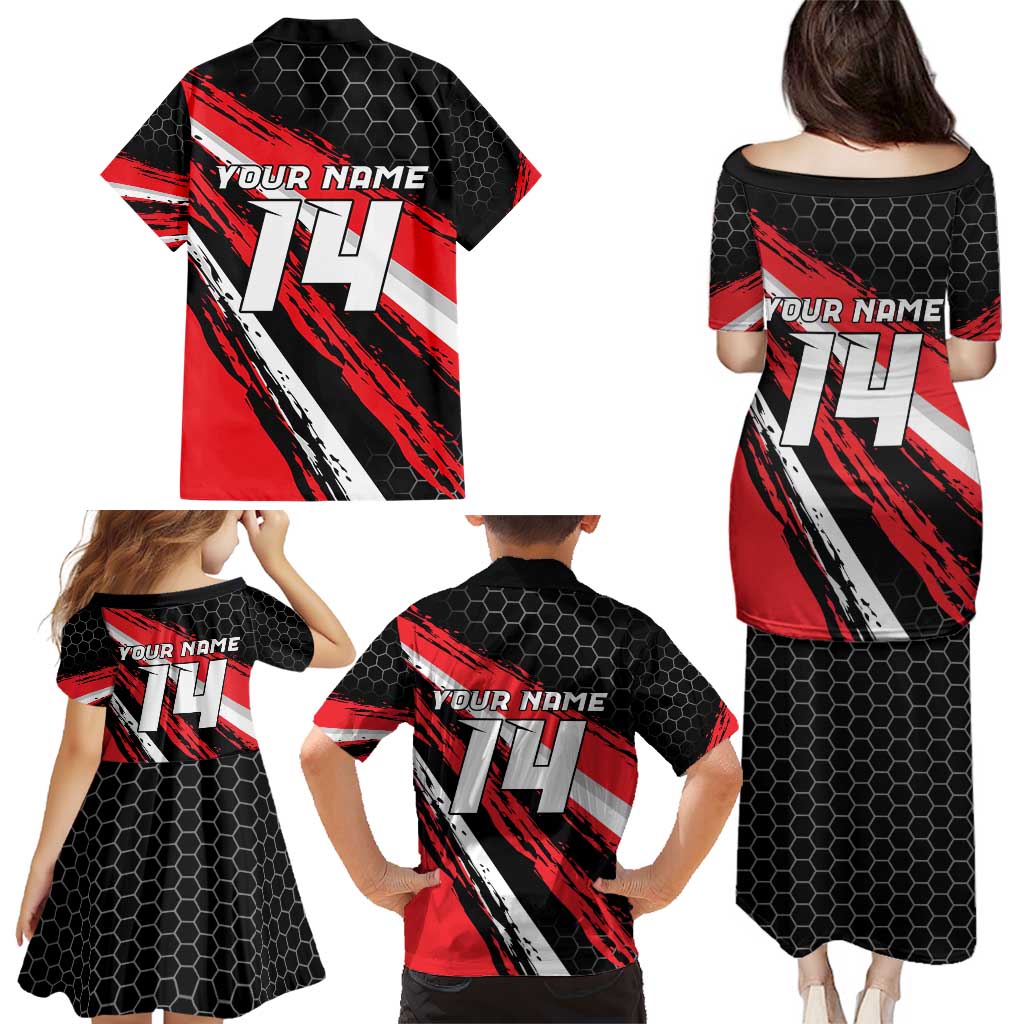 Custom Dirt Bike Family Matching Puletasi and Hawaiian Shirt Motocross Rider Red Black Hex Pattern and Racing Number - Wonder Print Shop