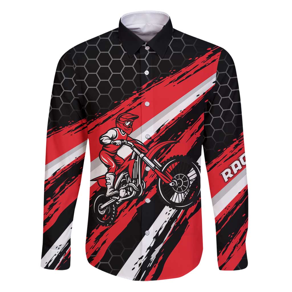 Custom Dirt Bike Family Matching Puletasi and Hawaiian Shirt Motocross Rider Red Black Hex Pattern and Racing Number - Wonder Print Shop
