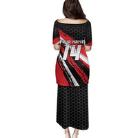 Custom Dirt Bike Family Matching Puletasi and Hawaiian Shirt Motocross Rider Red Black Hex Pattern and Racing Number - Wonder Print Shop