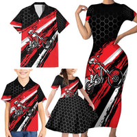 Custom Dirt Bike Family Matching Short Sleeve Bodycon Dress and Hawaiian Shirt Motocross Rider Red Black Hex Pattern and Racing Number - Wonder Print Shop