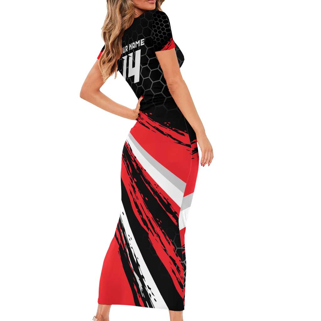 Custom Dirt Bike Family Matching Short Sleeve Bodycon Dress and Hawaiian Shirt Motocross Rider Red Black Hex Pattern and Racing Number - Wonder Print Shop