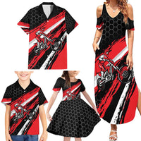Custom Dirt Bike Family Matching Summer Maxi Dress and Hawaiian Shirt Motocross Rider Red Black Hex Pattern and Racing Number - Wonder Print Shop