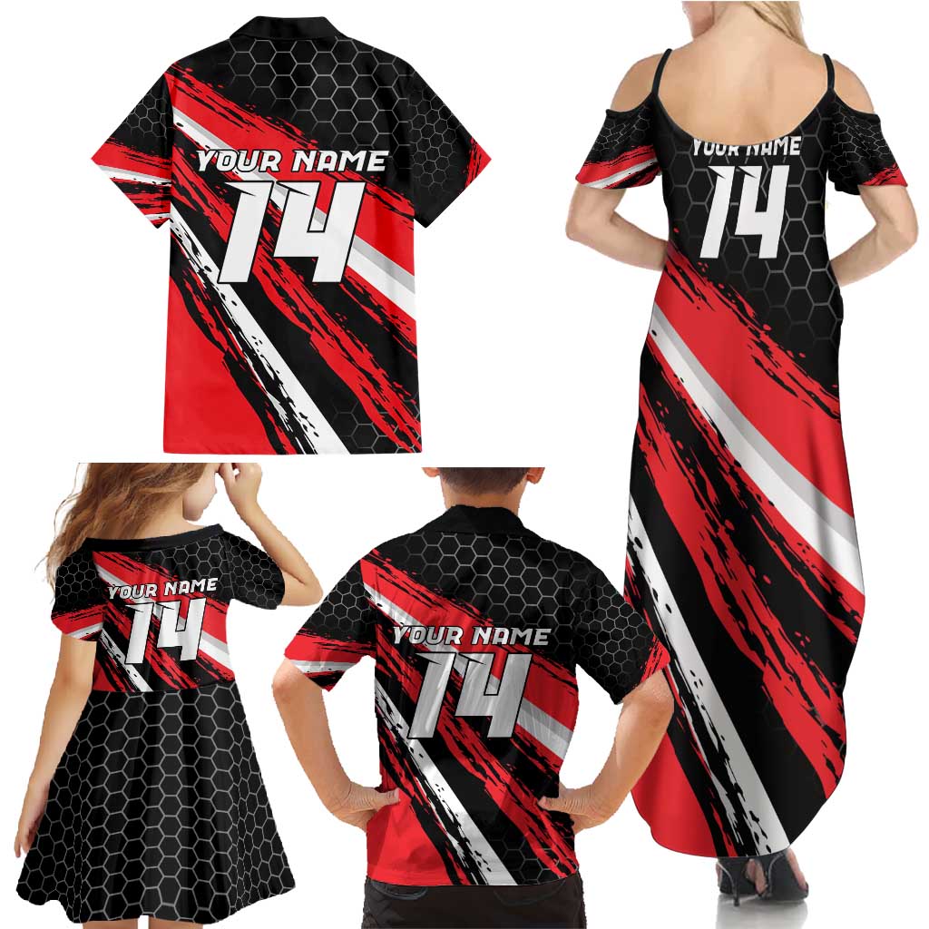 Custom Dirt Bike Family Matching Summer Maxi Dress and Hawaiian Shirt Motocross Rider Red Black Hex Pattern and Racing Number - Wonder Print Shop