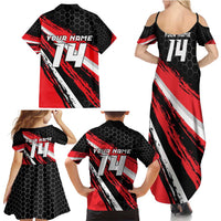Custom Dirt Bike Family Matching Summer Maxi Dress and Hawaiian Shirt Motocross Rider Red Black Hex Pattern and Racing Number - Wonder Print Shop