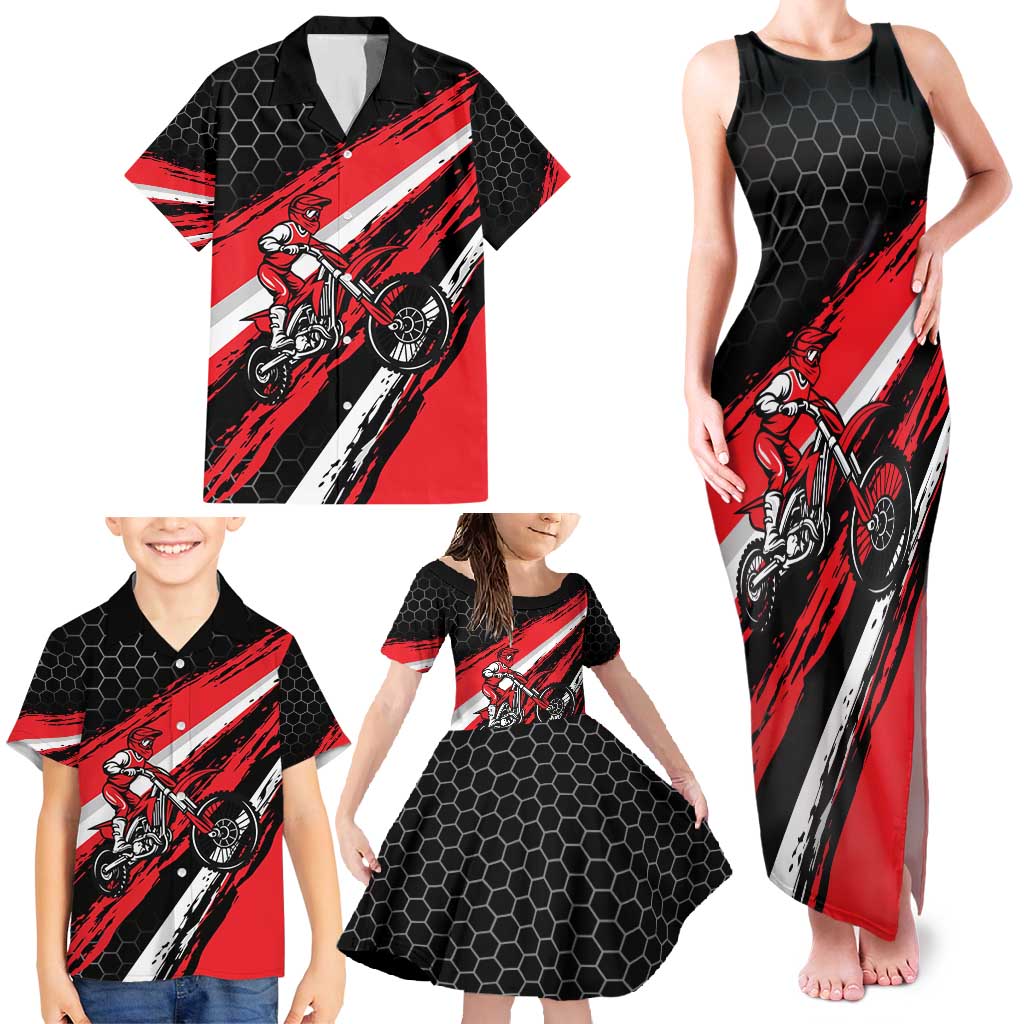 Custom Dirt Bike Family Matching Tank Maxi Dress and Hawaiian Shirt Motocross Rider Red Black Hex Pattern and Racing Number - Wonder Print Shop