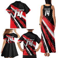 Custom Dirt Bike Family Matching Tank Maxi Dress and Hawaiian Shirt Motocross Rider Red Black Hex Pattern and Racing Number - Wonder Print Shop