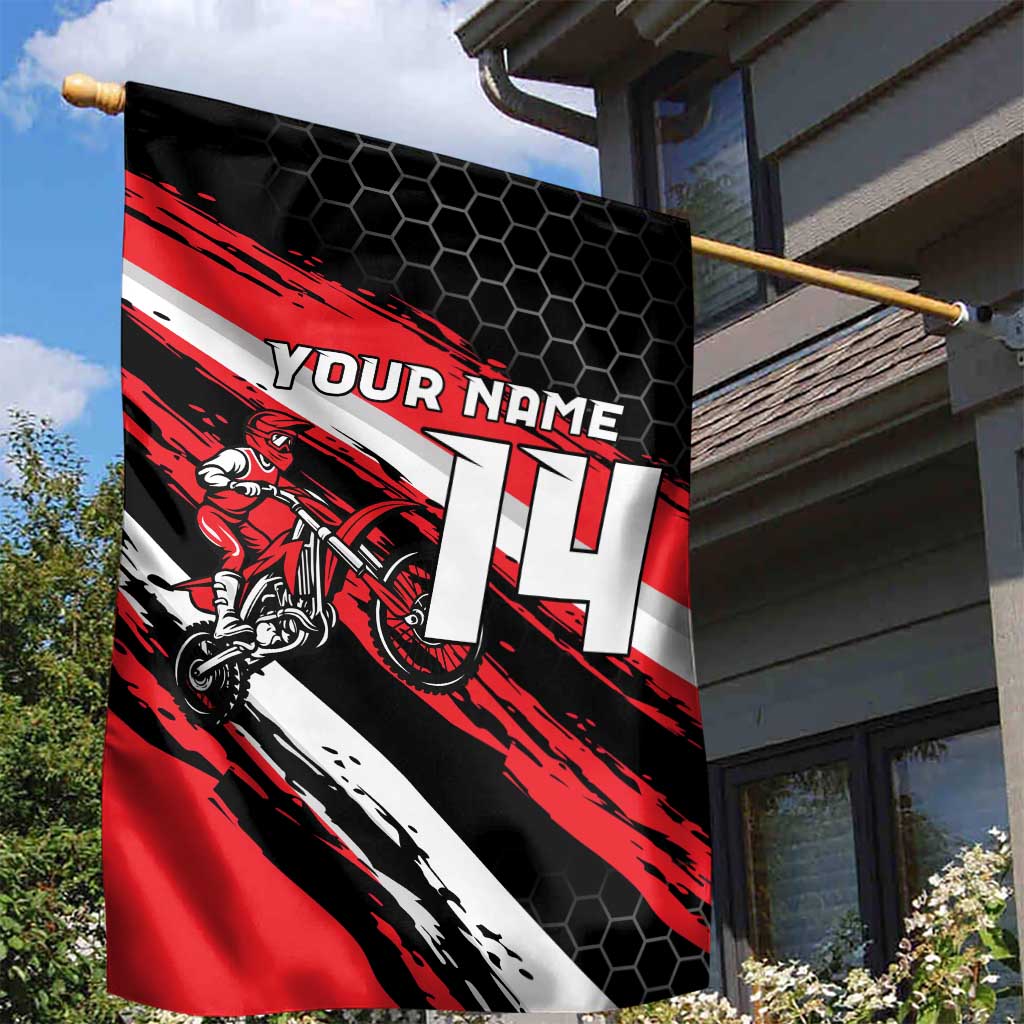 Custom Dirt Bike Garden Flag Motocross Rider Red Black Hex Pattern and Racing Number - Wonder Print Shop