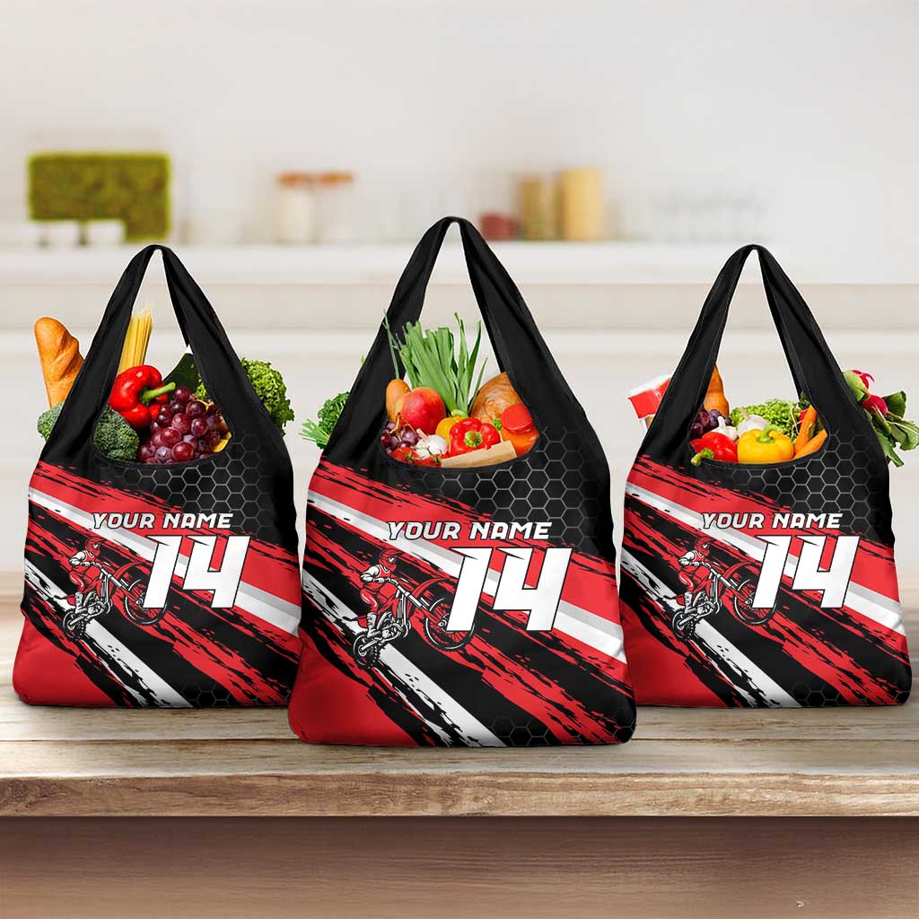 Custom Dirt Bike Grocery Bag Motocross Rider Red Black Hex Pattern and Racing Number - Wonder Print Shop