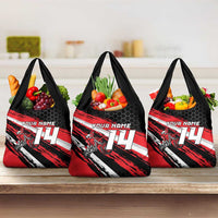 Custom Dirt Bike Grocery Bag Motocross Rider Red Black Hex Pattern and Racing Number - Wonder Print Shop