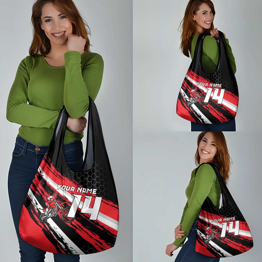 Custom Dirt Bike Grocery Bag Motocross Rider Red Black Hex Pattern and Racing Number - Wonder Print Shop