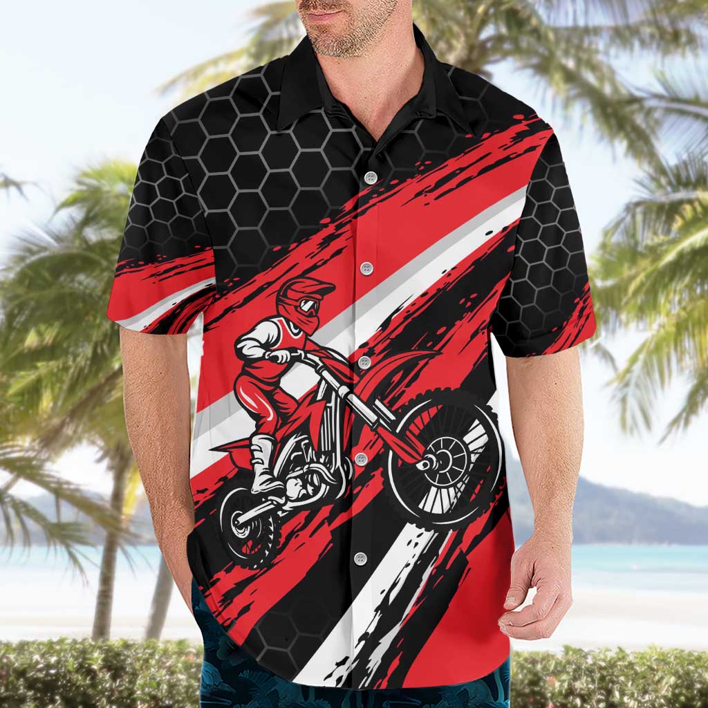Custom Dirt Bike Hawaiian Shirt Motocross Rider Red Black Hex Pattern and Racing Number - Wonder Print Shop