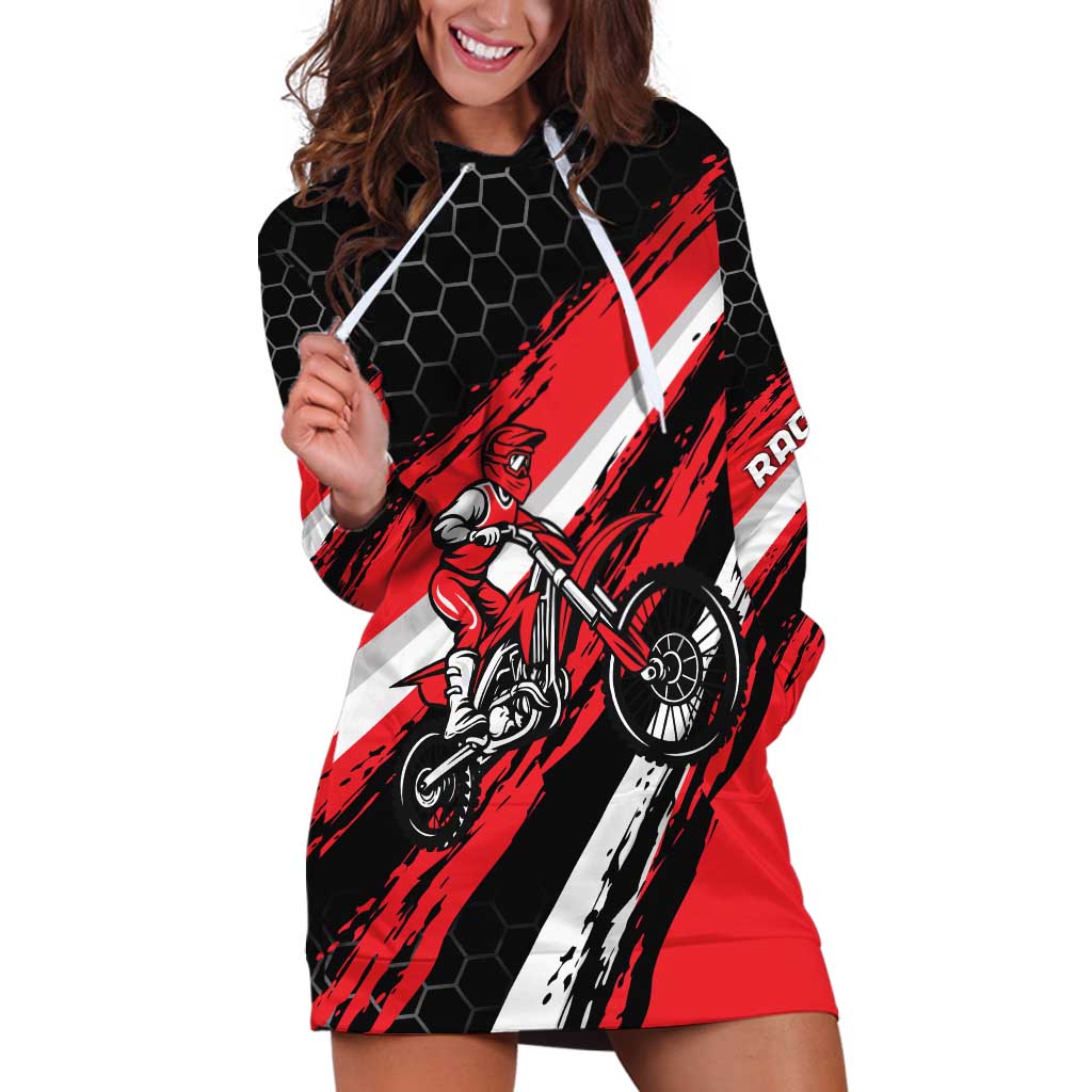 Custom Dirt Bike Hoodie Dress Motocross Rider Red Black Hex Pattern and Racing Number - Wonder Print Shop