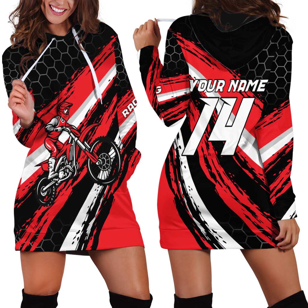Custom Dirt Bike Hoodie Dress Motocross Rider Red Black Hex Pattern and Racing Number - Wonder Print Shop