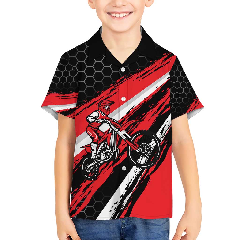 Custom Dirt Bike Kid Hawaiian Shirt Motocross Rider Red Black Hex Pattern and Racing Number - Wonder Print Shop