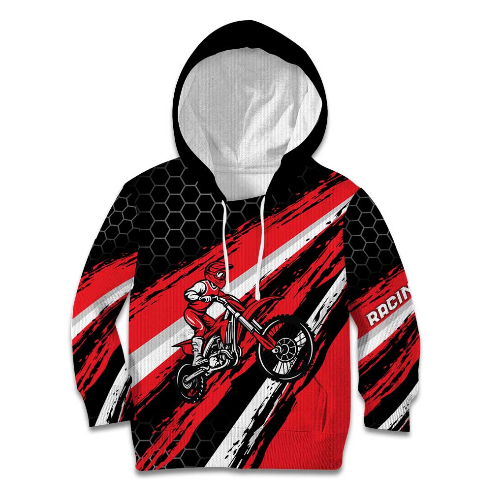 Custom Dirt Bike Kid Hoodie Motocross Rider Red Black Hex Pattern and Racing Number - Wonder Print Shop