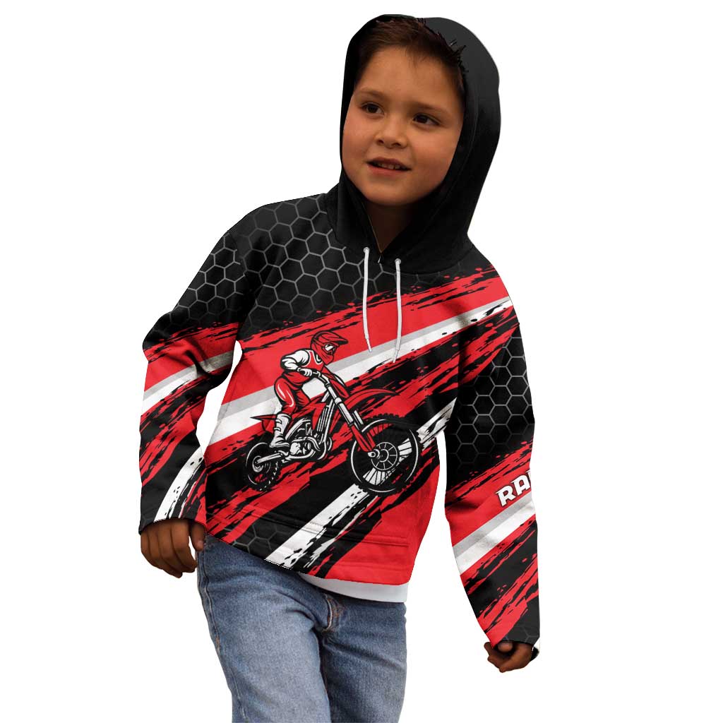 Custom Dirt Bike Kid Hoodie Motocross Rider Red Black Hex Pattern and Racing Number - Wonder Print Shop