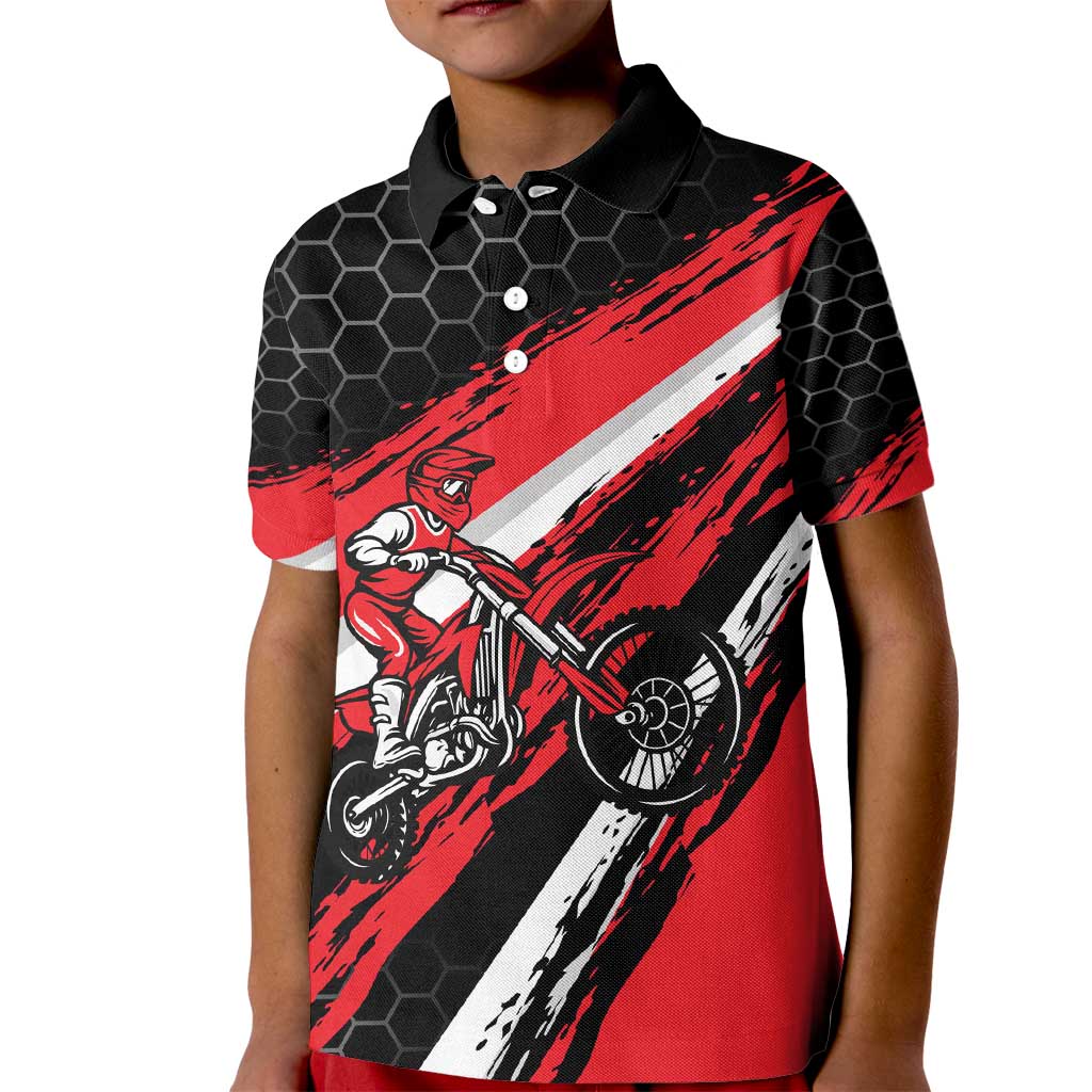 Custom Dirt Bike Kid Polo Shirt Motocross Rider Red Black Hex Pattern and Racing Number - Wonder Print Shop