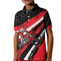 Custom Dirt Bike Kid Polo Shirt Motocross Rider Red Black Hex Pattern and Racing Number - Wonder Print Shop