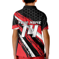 Custom Dirt Bike Kid Polo Shirt Motocross Rider Red Black Hex Pattern and Racing Number - Wonder Print Shop