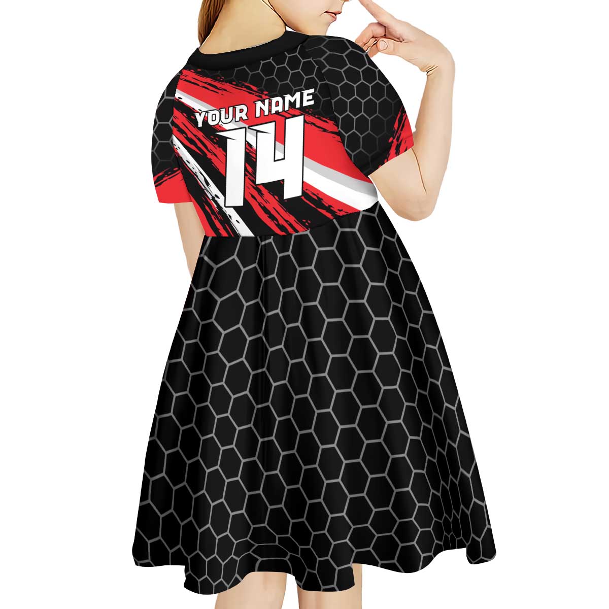 Custom Dirt Bike Kid Short Sleeve Dress Motocross Rider Red Black Hex Pattern and Racing Number - Wonder Print Shop