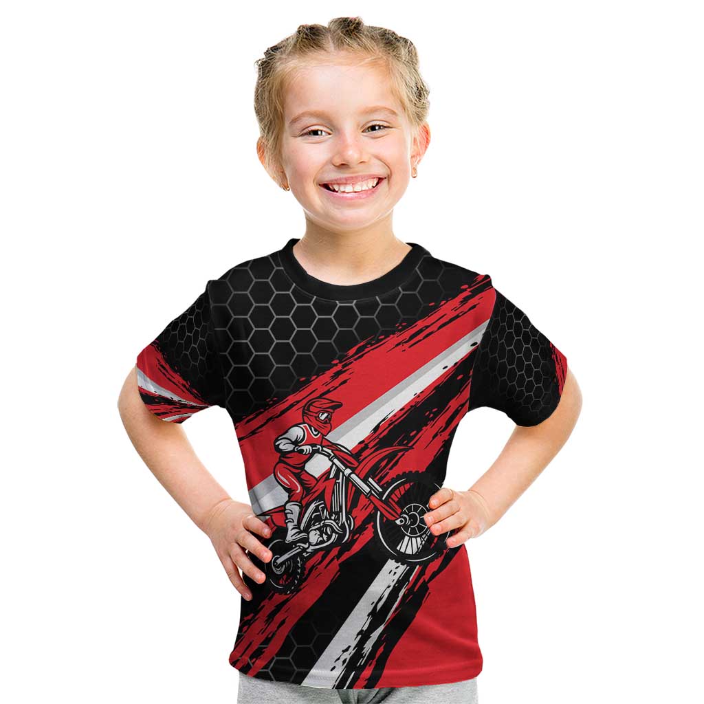 Custom Dirt Bike Kid T Shirt Motocross Rider Red Black Hex Pattern and Racing Number - Wonder Print Shop