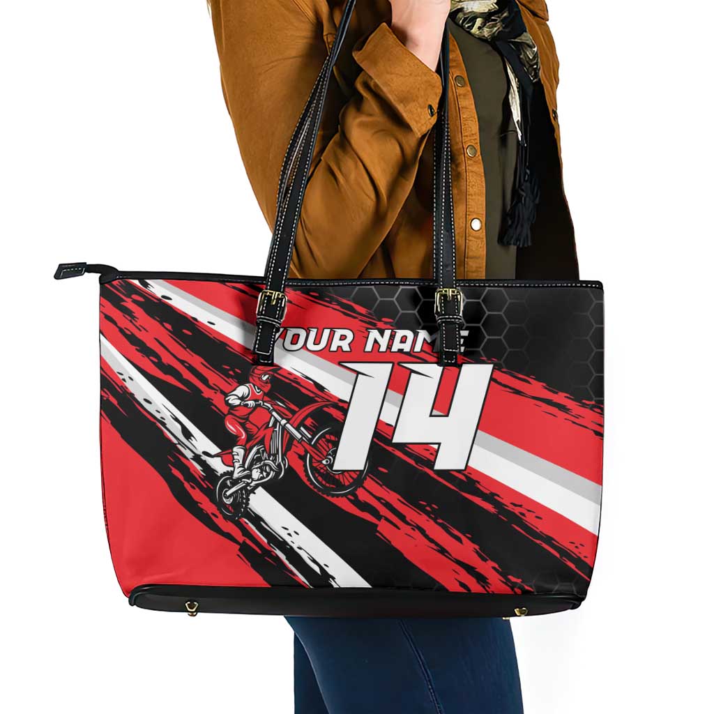 Custom Dirt Bike Leather Tote Bag Motocross Rider Red Black Hex Pattern and Racing Number - Wonder Print Shop