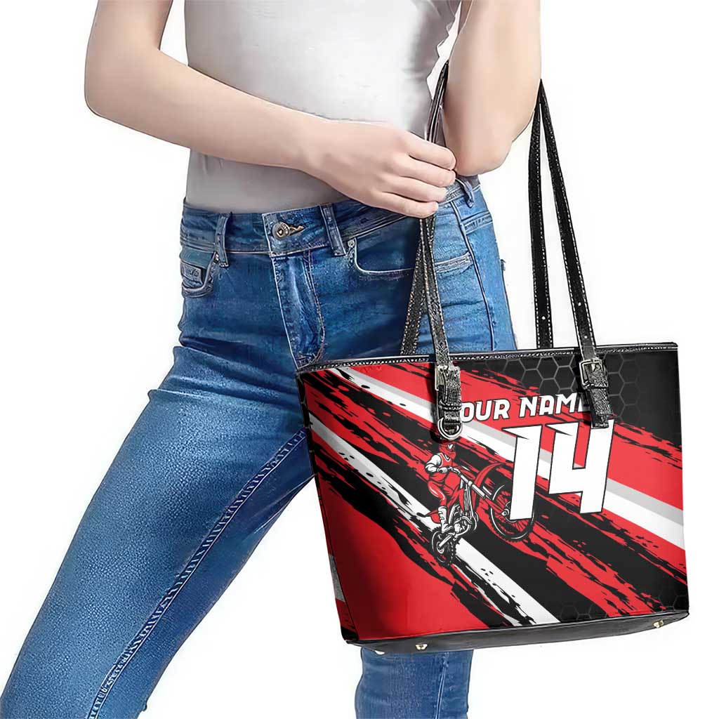 Custom Dirt Bike Leather Tote Bag Motocross Rider Red Black Hex Pattern and Racing Number - Wonder Print Shop