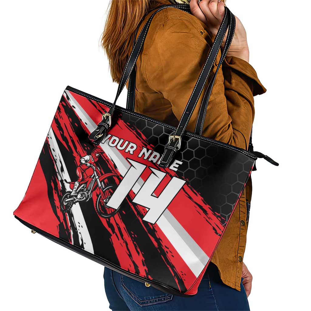 Custom Dirt Bike Leather Tote Bag Motocross Rider Red Black Hex Pattern and Racing Number - Wonder Print Shop