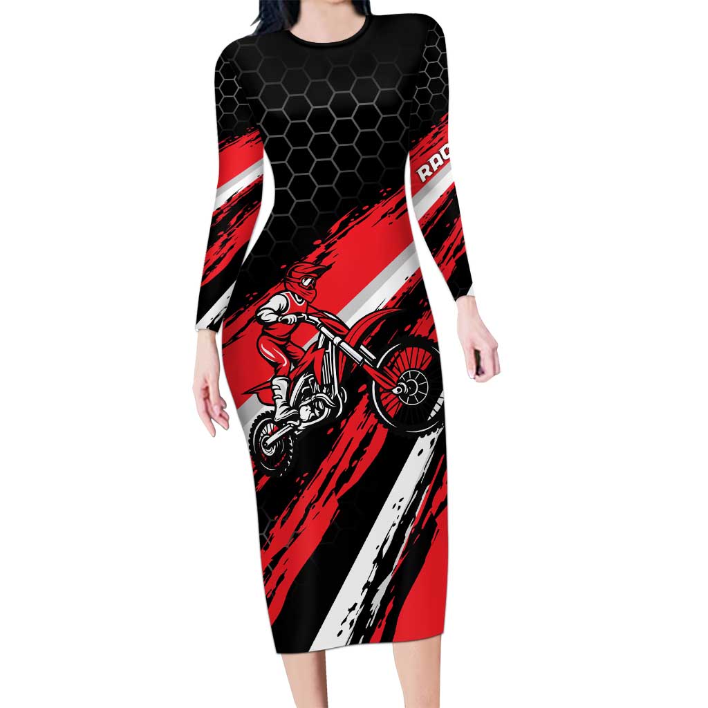 Custom Dirt Bike Long Sleeve Bodycon Dress Motocross Rider Red Black Hex Pattern and Racing Number - Wonder Print Shop