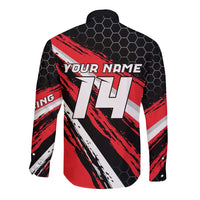 Custom Dirt Bike Long Sleeve Button Shirt Motocross Rider Red Black Hex Pattern and Racing Number - Wonder Print Shop