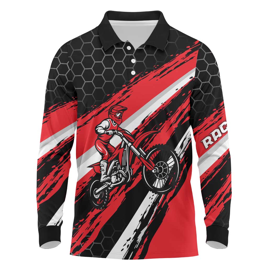 Custom Dirt Bike Long Sleeve Polo Shirt Motocross Rider Red Black Hex Pattern and Racing Number - Wonder Print Shop