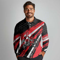 Custom Dirt Bike Long Sleeve Polo Shirt Motocross Rider Red Black Hex Pattern and Racing Number - Wonder Print Shop