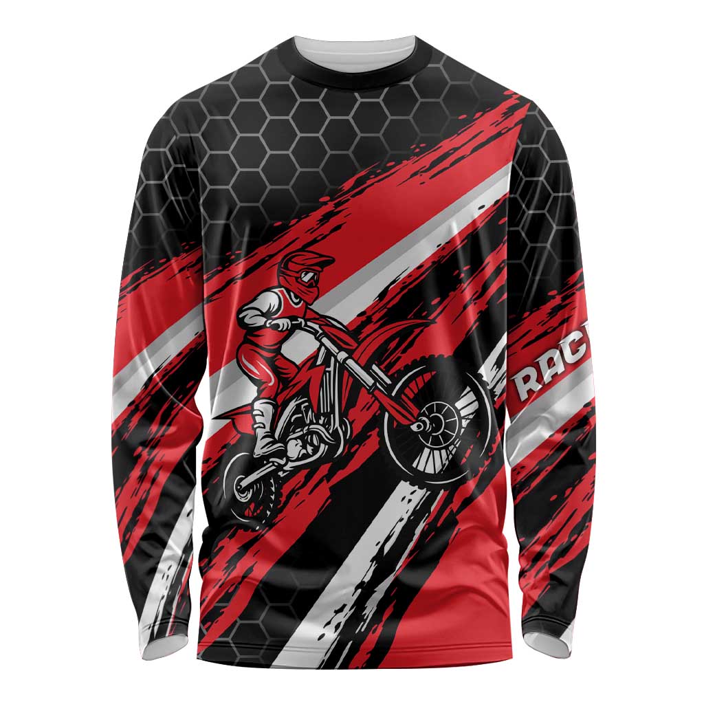Custom Dirt Bike Long Sleeve Shirt Motocross Rider Red Black Hex Pattern and Racing Number - Wonder Print Shop