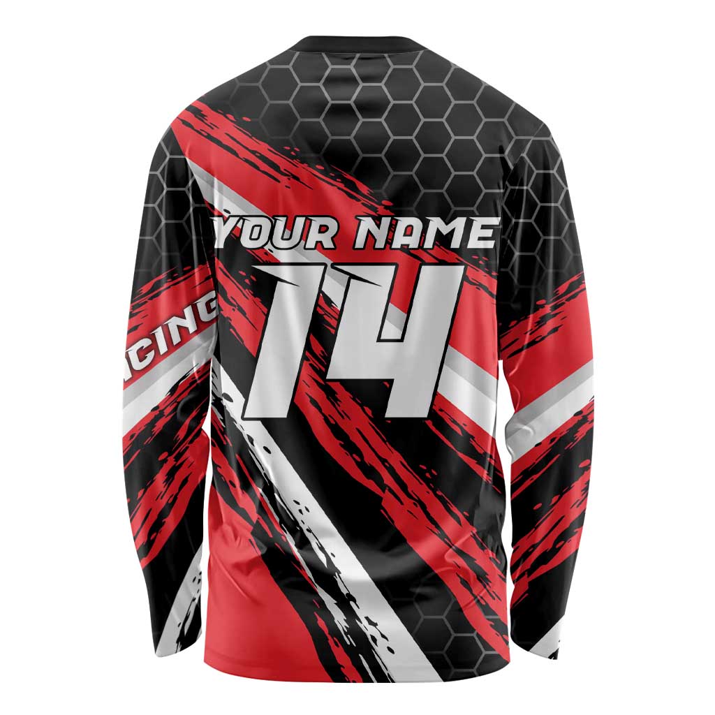 Custom Dirt Bike Long Sleeve Shirt Motocross Rider Red Black Hex Pattern and Racing Number - Wonder Print Shop
