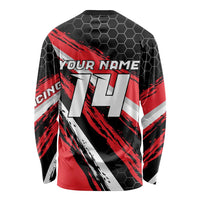 Custom Dirt Bike Long Sleeve Shirt Motocross Rider Red Black Hex Pattern and Racing Number - Wonder Print Shop