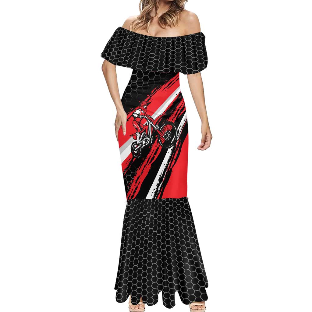 Custom Dirt Bike Mermaid Dress Motocross Rider Red Black Hex Pattern and Racing Number - Wonder Print Shop