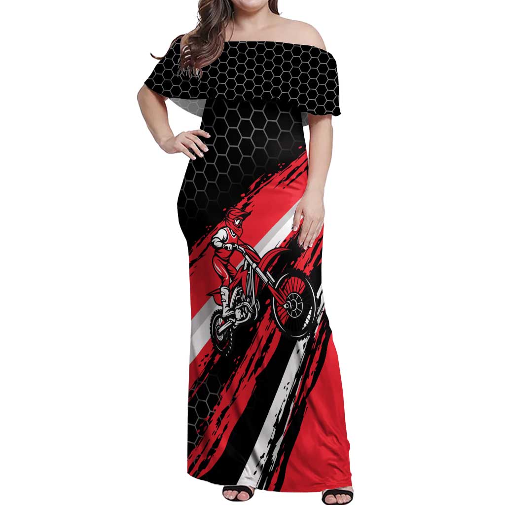 Custom Dirt Bike Off Shoulder Maxi Dress Motocross Rider Red Black Hex Pattern and Racing Number - Wonder Print Shop