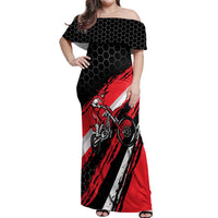 Custom Dirt Bike Off Shoulder Maxi Dress Motocross Rider Red Black Hex Pattern and Racing Number - Wonder Print Shop