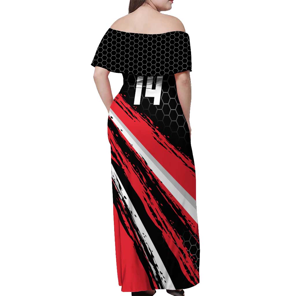 Custom Dirt Bike Off Shoulder Maxi Dress Motocross Rider Red Black Hex Pattern and Racing Number - Wonder Print Shop