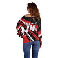 Custom Dirt Bike Off Shoulder Sweater Motocross Rider Red Black Hex Pattern and Racing Number - Wonder Print Shop