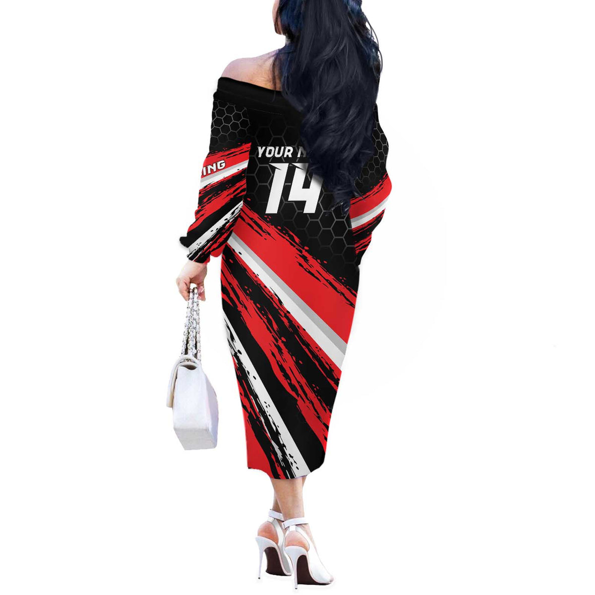 Custom Dirt Bike Off The Shoulder Long Sleeve Dress Motocross Rider Red Black Hex Pattern and Racing Number - Wonder Print Shop