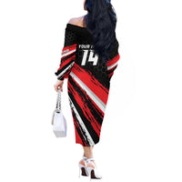 Custom Dirt Bike Off The Shoulder Long Sleeve Dress Motocross Rider Red Black Hex Pattern and Racing Number - Wonder Print Shop