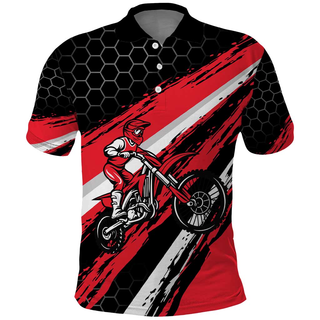 Custom Dirt Bike Polo Shirt Motocross Rider Red Black Hex Pattern and Racing Number - Wonder Print Shop