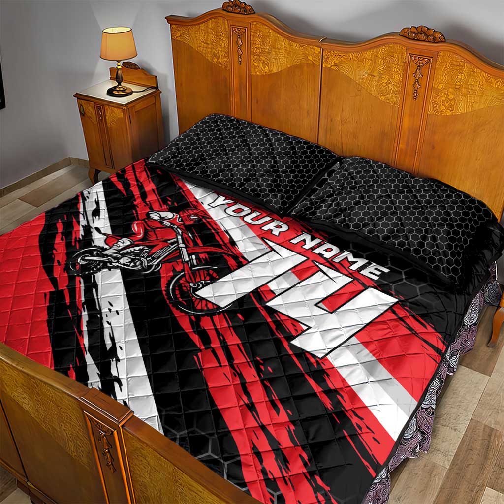Custom Dirt Bike Quilt Bed Set Motocross Rider Red Black Hex Pattern and Racing Number - Wonder Print Shop