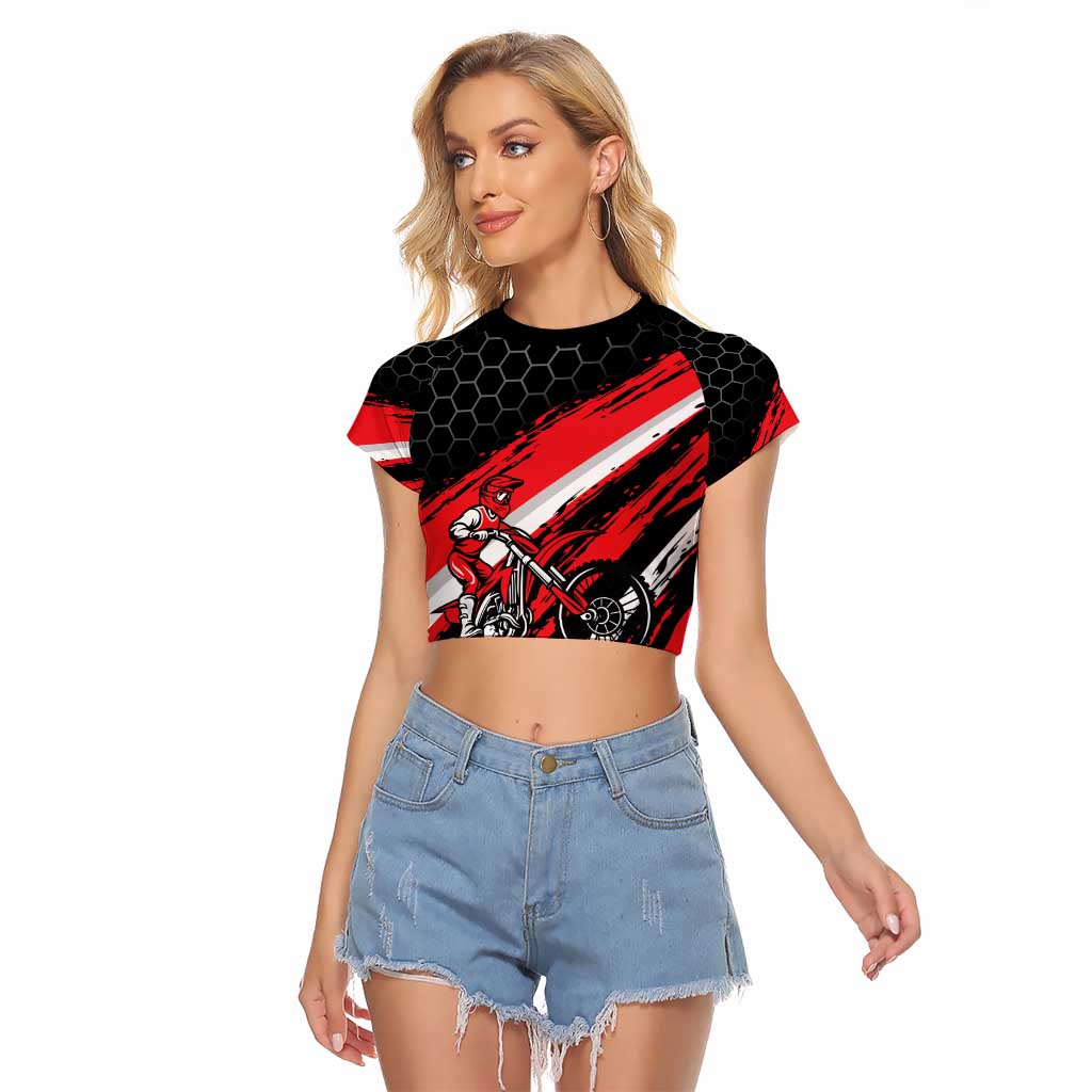 Custom Dirt Bike Raglan Cropped T Shirt Motocross Rider Red Black Hex Pattern and Racing Number - Wonder Print Shop