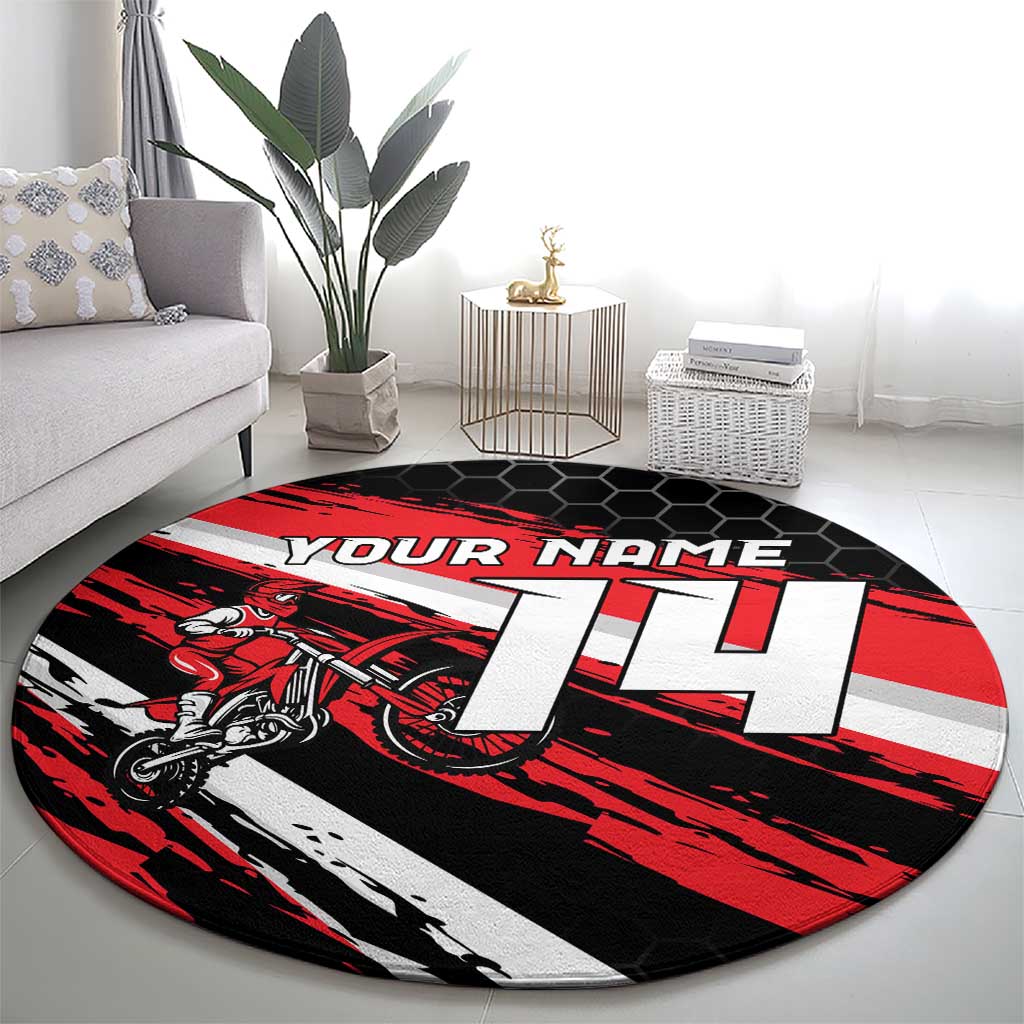 Custom Dirt Bike Round Carpet Motocross Rider Red Black Hex Pattern and Racing Number - Wonder Print Shop