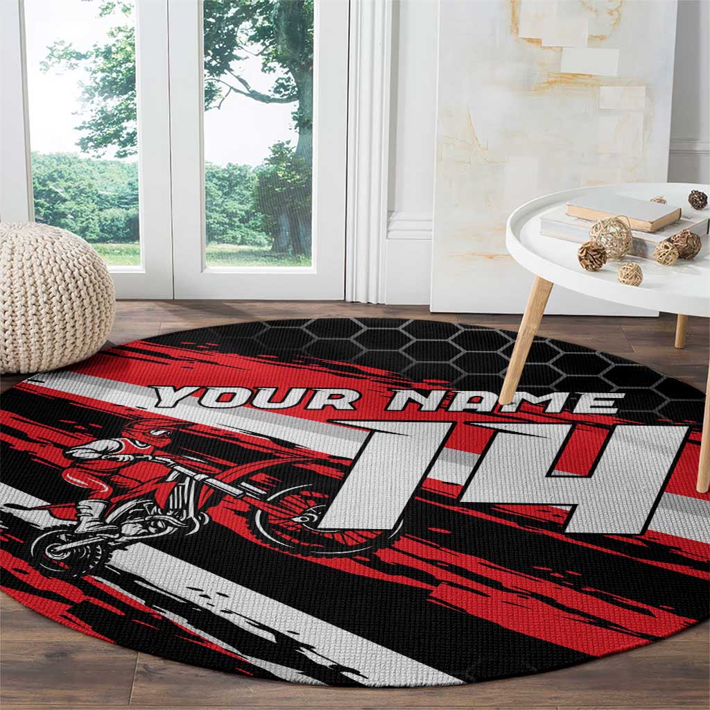 Custom Dirt Bike Round Carpet Motocross Rider Red Black Hex Pattern and Racing Number - Wonder Print Shop