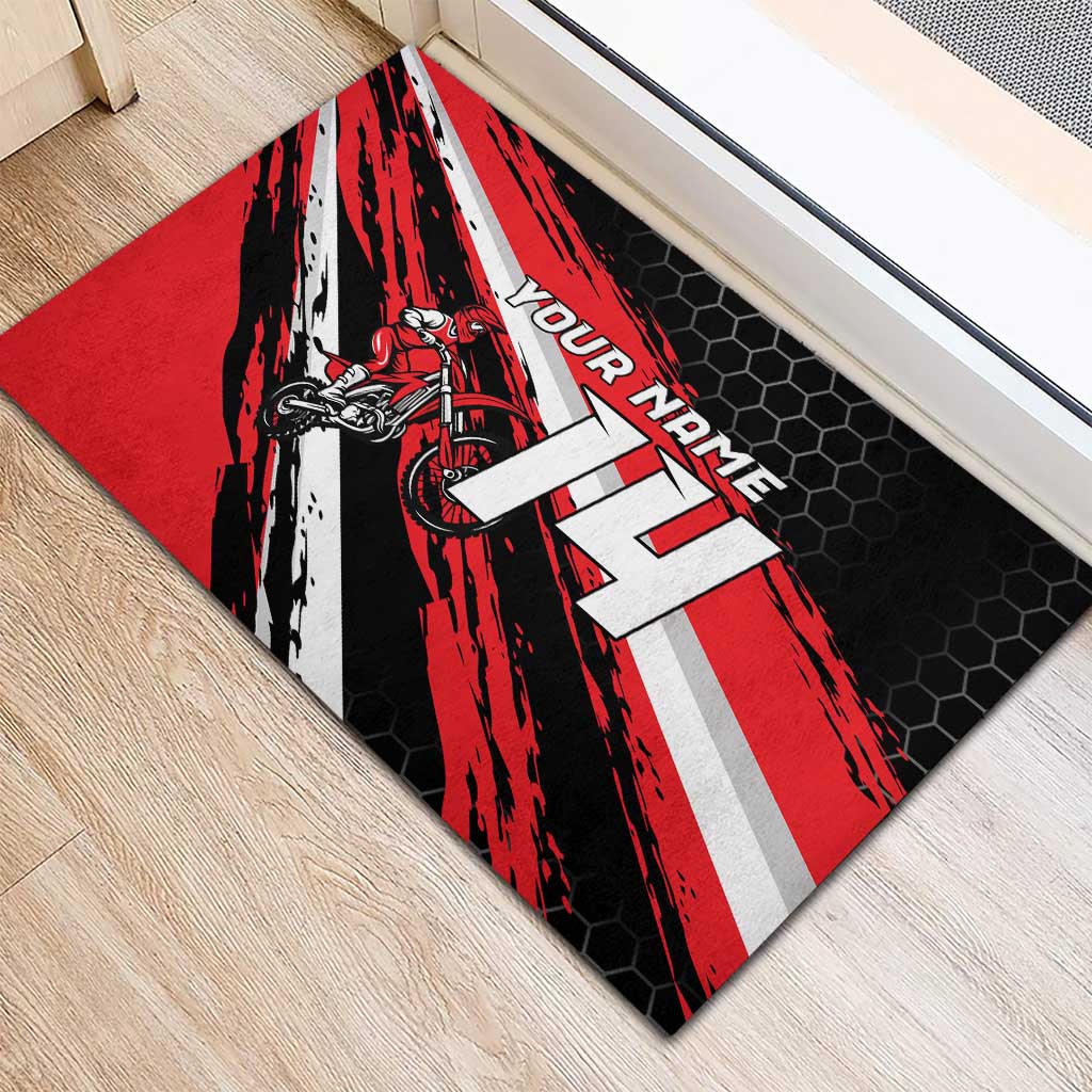 Custom Dirt Bike Rubber Doormat Motocross Rider Red Black Hex Pattern and Racing Number - Wonder Print Shop