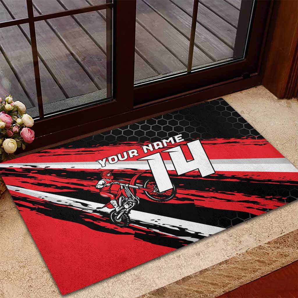 Custom Dirt Bike Rubber Doormat Motocross Rider Red Black Hex Pattern and Racing Number - Wonder Print Shop